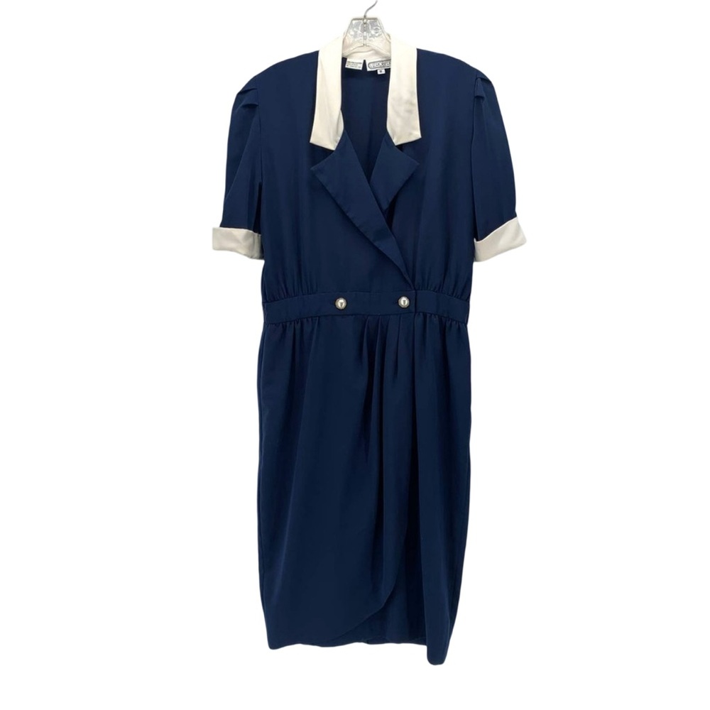 Vintage Liz Roberts 1980s Elegant Navy and Cream Women's Sailor Dress